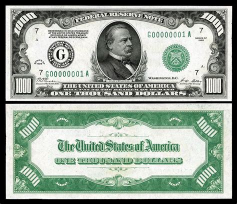 $1,000 Federal Reserve Note, Series 1928, Fr.2210g, depicting Grover Cleveland. 1000 Dollar Bill ...