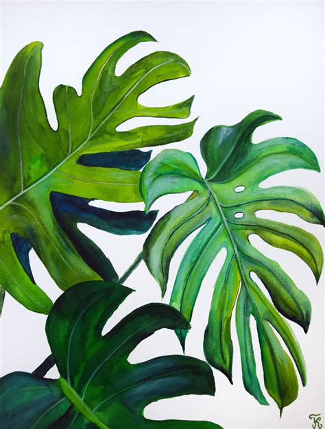 Monstera Leaves Watercolor Painting PRINT, Botanical Abstract, Tropical Palm Leaf Wall Art ...