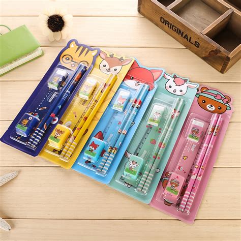 5PCS/Pack Stationery Set pencil rubber ruler sharper Cute Cartoon Kids Stationery Set School ...