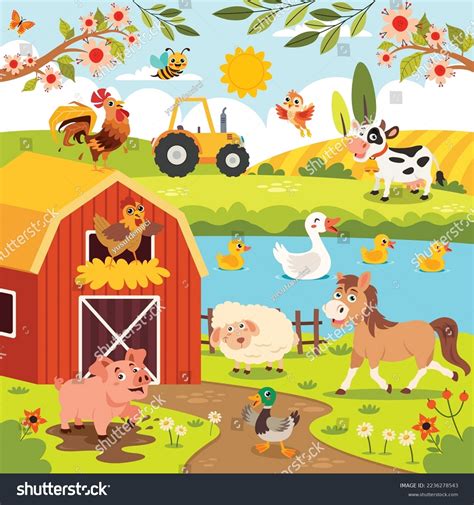 Farm Scene Cartoon Animals Stock Vector (Royalty Free) 2236278543 | Shutterstock