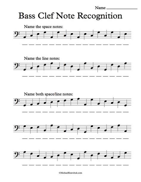 Bass Clef Note Recognition – Worksheet – Michael Kravchuk