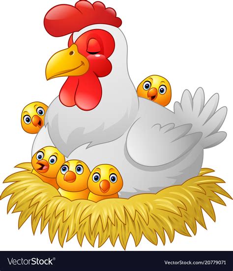 Cute cartoon hen with chickens sitting in a nest Vector Image