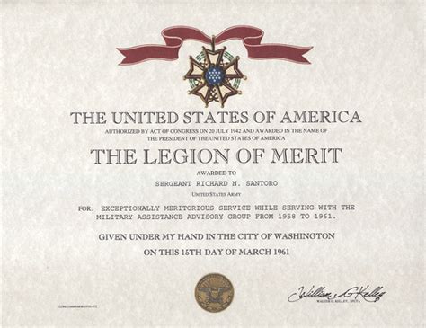 Legion of Merit Medal certificate, Recognition Certificate