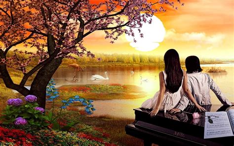 HD wallpaper: Romantic Love Love Couple Nature Swan Lake Sunset Spring Flowers Bloomed Tree Love ...