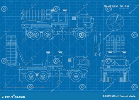 Outline Drawing of Air Defense Missile System. Surface To Air Rocket Weapon Industrial Blueprint ...