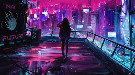 Neon city, girl, back view, night, lights, Sci-fi, HD wallpaper | Peakpx