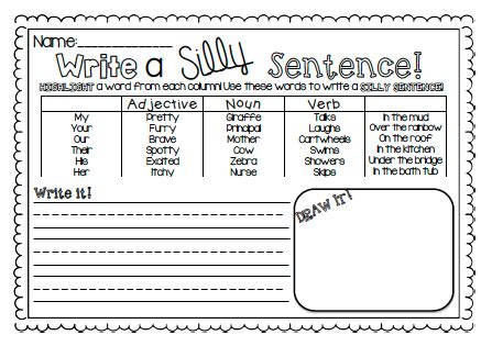 Silly Sentences - Writing Sentences with Nouns, Verbs and Adjectives ...