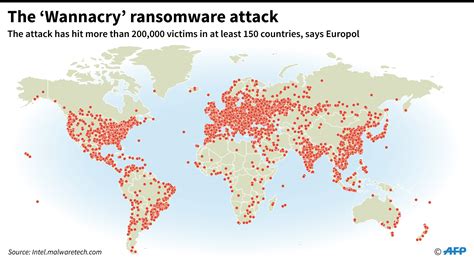 Map showing the extent of the 'Wannacry' ransomware attack so far