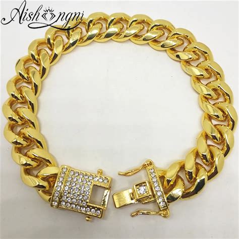 AISHANGNI Men Jewelry 12MM Hip Hop Golden Cuban Bracelet 18 Gold Plated Rapper Miami Bracelet ...