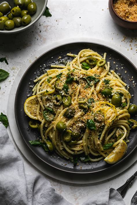 Green Olive Pasta with Toasted Lemon Breadcrumbs and Herbs