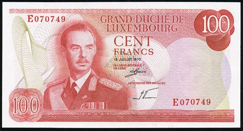 Luxembourg currency 100 Francs banknote of 1970 Grand Duke Jean|World ...