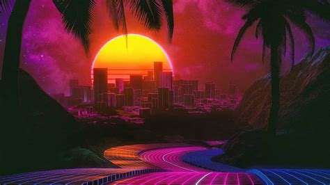 Outrun Path To City, outrun, retrowave, artist, artwork, digital-art, HD wallpaper | Peakpx