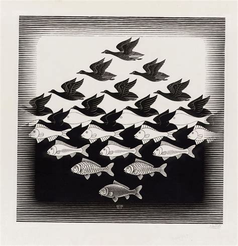 m c escher artwork optical illusion drawing monochrome animals birds fish illustration ...