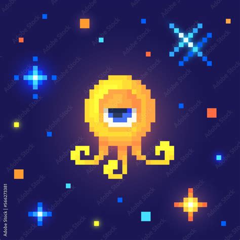 Alien in outer space. Cute monster in pixel art. 8 bit retro style vector illustration Stock ...