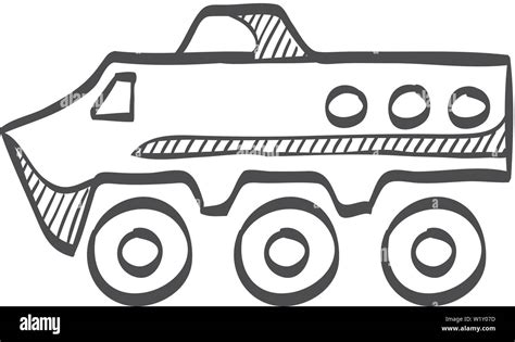 Armored vehicle icon in doodle sketch lines. Military army ...