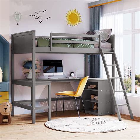 Buy Harper & Bright Designs Twin Size Loft Bed with Desk and Shelves, Wooden Loft Bed with ...