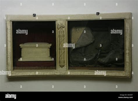 Personal belongings of Benito Mussolini beside his tomb in the Mussolini family crypt in the ...