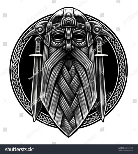 Norse God Odin with crows and swords. Graphic illustration in the ring. Celtic ornament. Viking ...