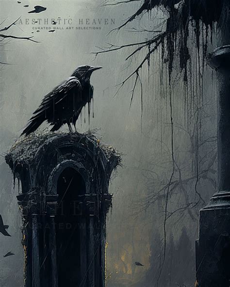 Raven Art Halloween Wall Art Spooky Halloween Print Crow in the Graveyard Raven Painting ...