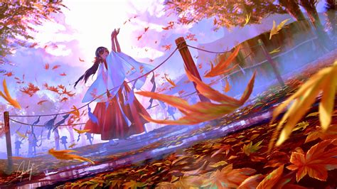 Anime Miko Girl, Autumn, Leaves, Shrine, Anime Landscape Cool Anime Wallpapers, Anime Scenery ...