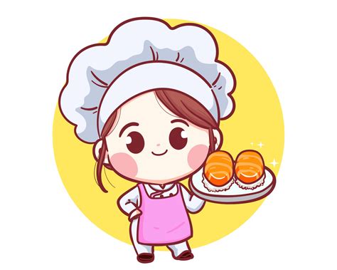 dibujos animados de chef japonés con linda ilustración de arte de sushi ...