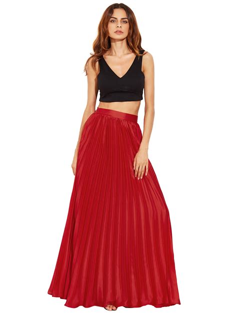 Crimson Zipper Side Pleated Flare Maxi Skirt -SheIn(Sheinside)