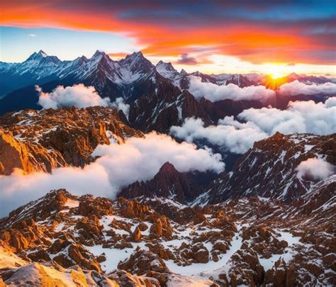 Premium Photo | Sunset in the snowy mountains