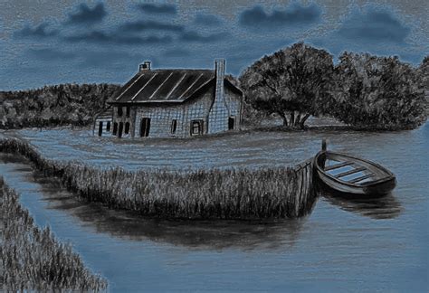 Hut And Boat Pencil Drawing, Pencil Sketch Of A Rural Scene, Scenery Of Village Riverside ...