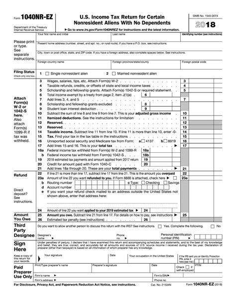 Electronic IRS Form 1040-NR-EZ 2018 - 2019 - Printable PDF Sample