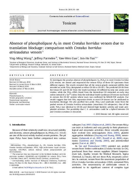 (PDF) Absence of PLA2 in Crotalus horridus Venom Due to Blockage