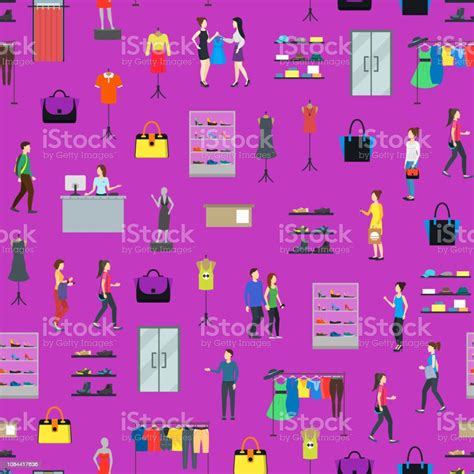 Cartoon People In Clothing Store Seamless Pattern Background Vector ...