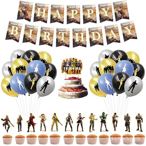 Garena Free Fire Theme Happy Birthday Party Decorations Set Cake Topper Balloons Banner Party ...