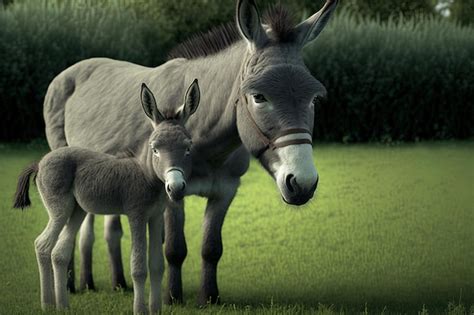 Premium AI Image | Mother and baby donkey in gray in a green meadow