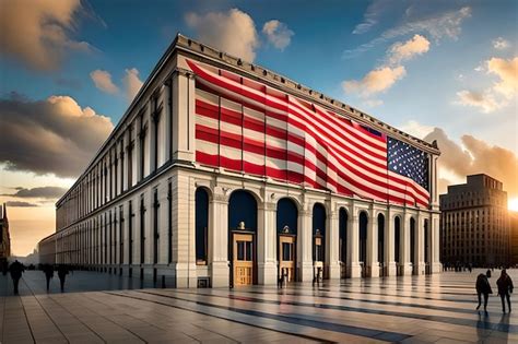 Premium AI Image | A large american flag hangs on a building in a city.