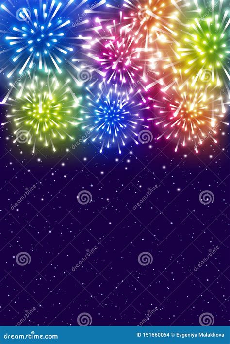 Shiny Rainbow Fireworks on Starry Sky Background for Your Design Stock Vector - Illustration of ...