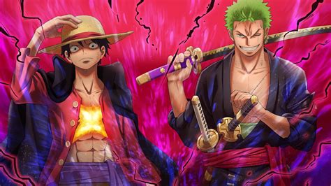 Download Luffy Zoro Pink Raging Art Desktop Wallpaper | Wallpapers.com