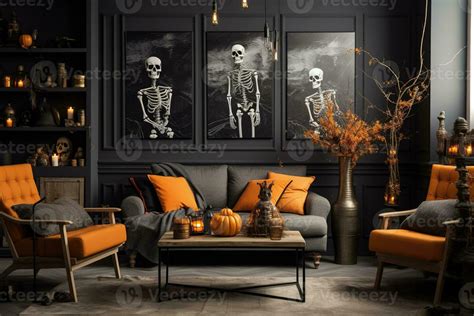 Orange toned living room interior with Halloween decorations. Background for Halloween ...