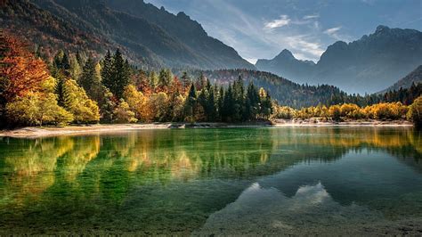 Calm Lake Surrounded with Trees and Mountains, mountains, lake, forest, autumn, HD wallpaper ...