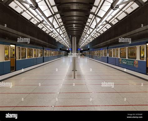 Munich, subway station, Messestadt Ost, two subway trains on the tracks Stock Photo - Alamy