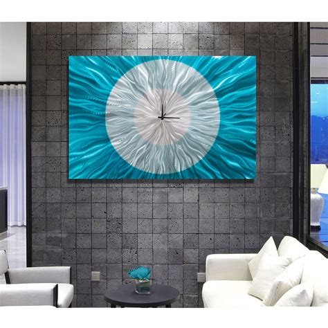 Aqua Blue & Silver Abstract Metal Wall Clock Art by Jon Allen 36" x 24" - Catwalk Aqua ...