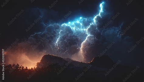 Dark dramatic stormy night sky with lightning bolts. Night.mountain landscape. Flashes of light ...