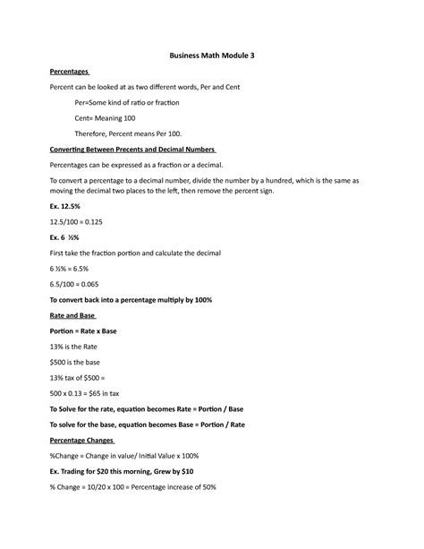 Business Math Module 3 - Converting Between Precents and Decimal Numbers Percentages can be ...