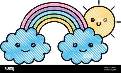 happy kawaii rainbow sun clouds cartoon vector illustration drawing ...