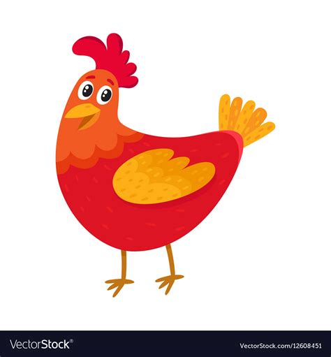 Funny cartoon red chicken hen standing Royalty Free Vector