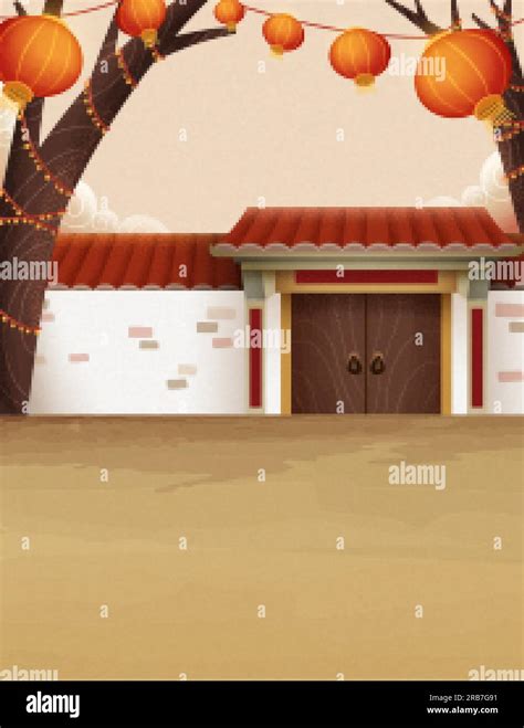 Traditional chinese countryside architecture illustration with white brick wall and hanging ...