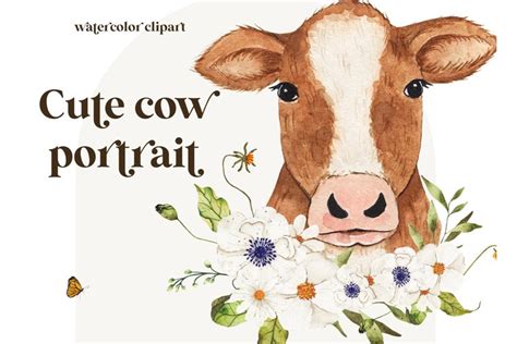 Cow face portrait clipart, Watercolor cute cow in floral