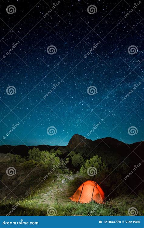 Illuminated Camping Tent Under the Night Sky Stock Photo - Image of ...