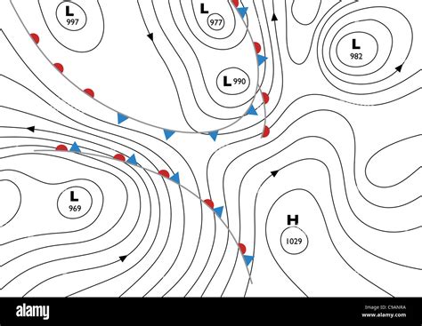 Illustration of a generic weather map showing isobars and weather fronts Stock Photo - Alamy