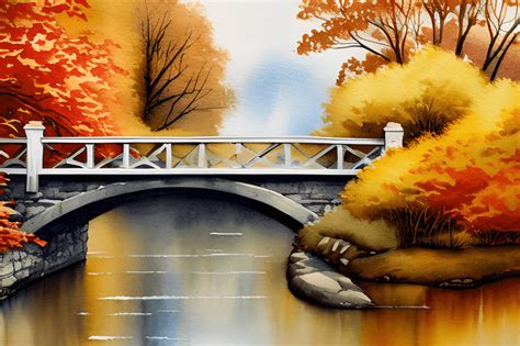 Autumn Bridge over River Painting · Creative Fabrica