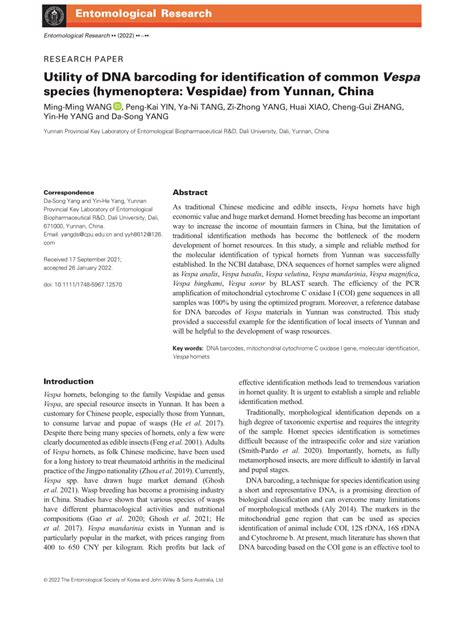 (PDF) Utility of DNA barcoding for identification of common Vespa species (Hymenoptera: Vespidae ...